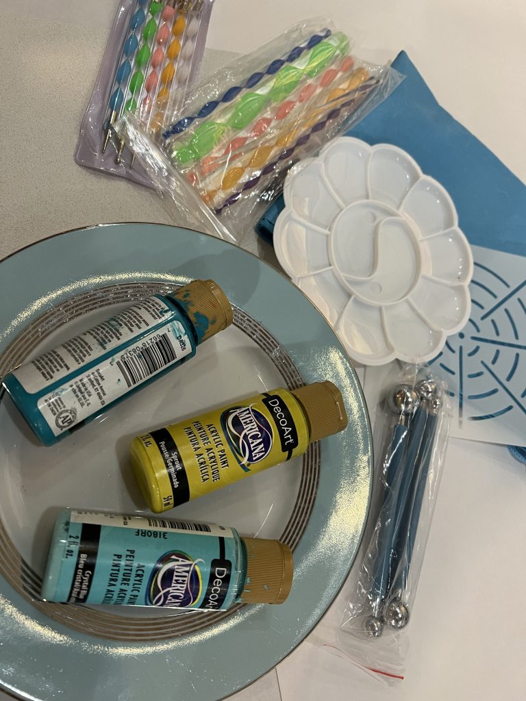 A photo of the supplies provided during The Dotting Chick's March Guild meeting.